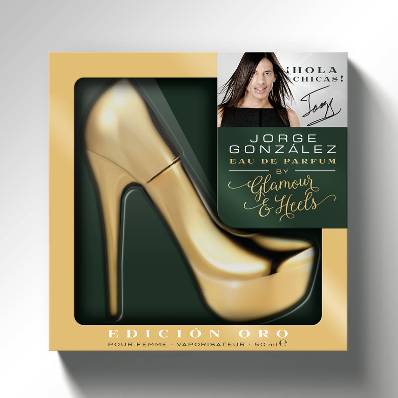 Jorge González EDICIÓN ORO, 50ml | Eau de Parfum, women's fragrance, glamorous fragrance for women with damask rose, orange blossom & magnolia, luxurious high heel bottle